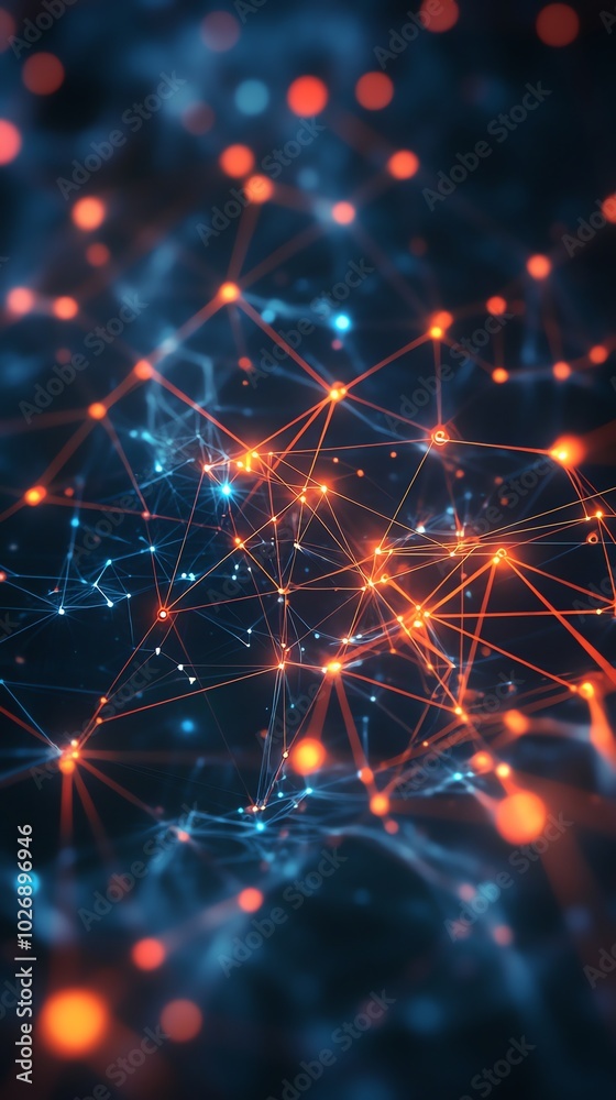 Poster abstract glowing red and blue network of connected dots and lines on a black background.