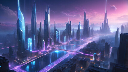 Obraz premium Futuristic High-Tech Utopian Cityscape in a Virtual Reality Universe – Sleek Skyscrapers, Neon Lights, and Glowing Circuitry
