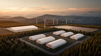 Fototapeta premium serene landscape featuring green hydrogen plant surrounded by wind turbines and solar panels, nestled among lush forests and rolling hills. scene captures essence of sustainable energy