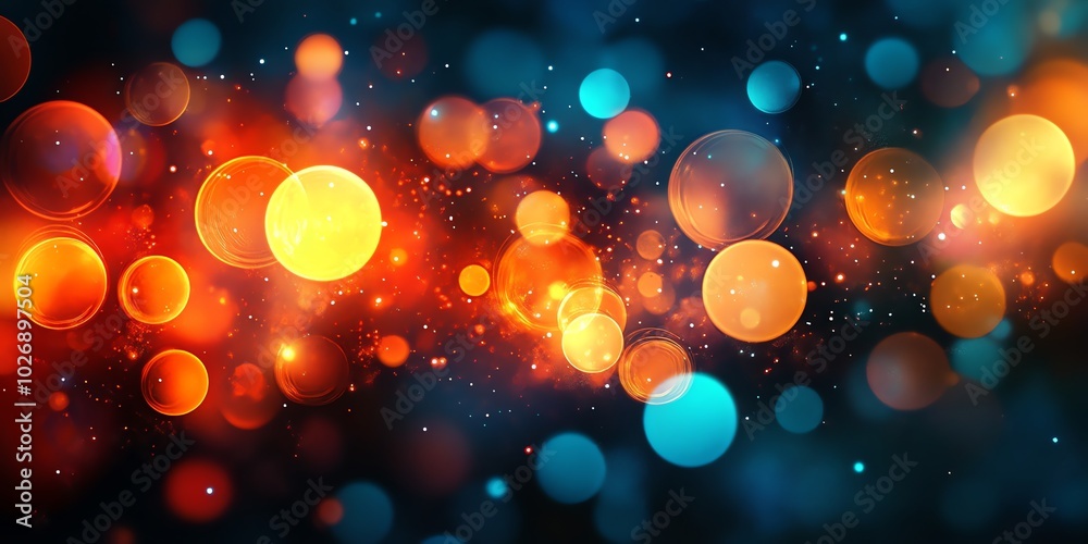 Poster abstract bokeh background with orange and blue lights on black.