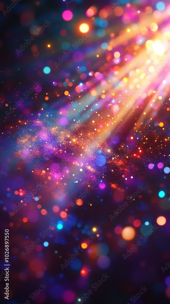 Poster A beam of light shines down on a dark background with colorful bokeh.
