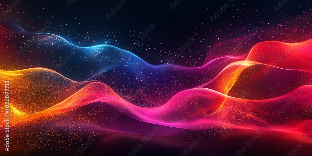Poster Abstract digital background with glowing waves and particles.