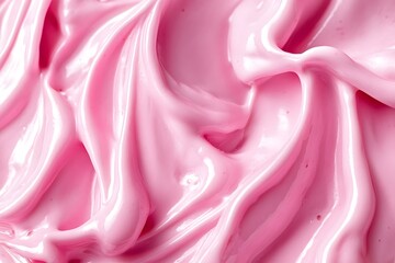 Obraz premium Texture of pink yogurt. Cosmetic strawberry cream. Body care lotion or soap. Milk mousse shake close up