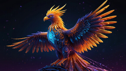Fototapeta premium Surreal Phoenix Illustration with Glowing Blue Fire and Binary Code – Futuristic, Three-Dimensional Fantasy Art with Feathers and Neon Elements on a Dark Background