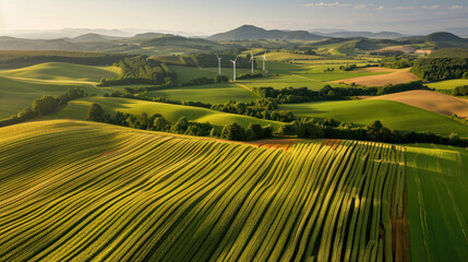 Fototapeta premium Lush green fields stretch across landscape, with electric wind turbines dotting horizon, creating serene and sustainable environment