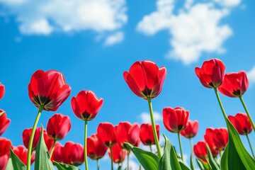 Obraz premium Field of red tulips with blue sky during the daytime , Flower and agriculture concept.