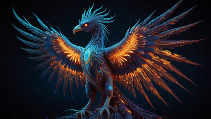 Surreal Phoenix Illustration with Glowing Blue Fire and Binary Code – Futuristic, Three-Dimensional Fantasy Art with Feathers and Neon Elements on a Dark Background
