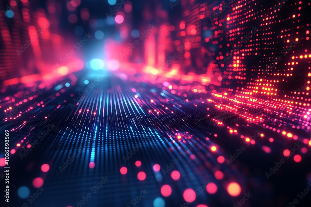 Fototapete Abstract futuristic background with glowing lines and dots, creating a sense of depth and movement.