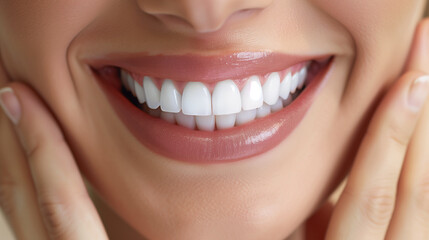 Obraz premium Close-up of a smiling woman showing bright white teeth and healthy lips..