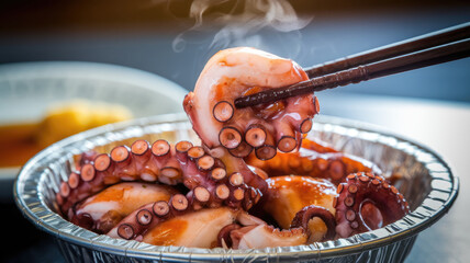 A bowl of octopus with chopsticks in it. The octopus is cooked and has a lot of meat