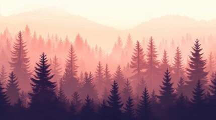 Fototapeta premium Misty Retro Landscape Featuring a Fir Forest in Serene Vintage Style