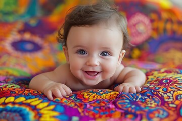 A joyful baby enjoys tummy time on a vibrant, colorful blanket in a cheerful indoor setting at home