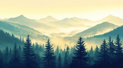 Obraz premium Misty Vintage Landscape with Fir Forest A Serene Journey Through Nature's Beauty