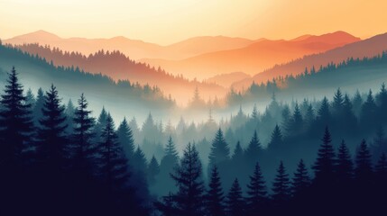 Obraz premium Misty Retro Landscape Featuring a Fir Forest at Dawn's Embrace