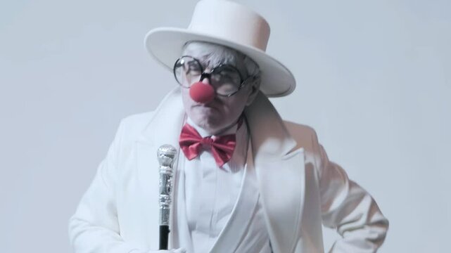 Video of dancing clown. An elderly man in a white coat and hat with walking stick.