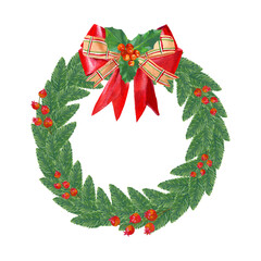 christmas wreath clip art. hand drawn gouache illustration. green leaves, berry, and cute bow. 