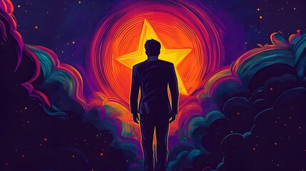 Glowing Star in Night Sky Silhouettes Businessman in Retro Pop Art