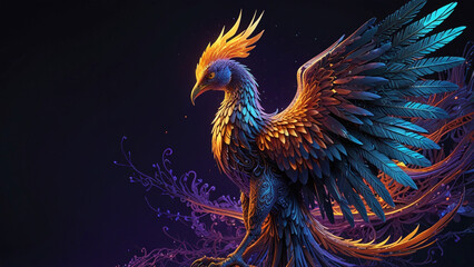 Obraz premium Surreal Phoenix Illustration with Glowing Blue Fire and Binary Code – Futuristic, Three-Dimensional Fantasy Art with Feathers and Neon Elements on a Dark Background