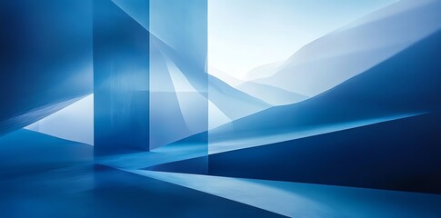 Abstract blue geometric shapes create a sense of depth and dimension.