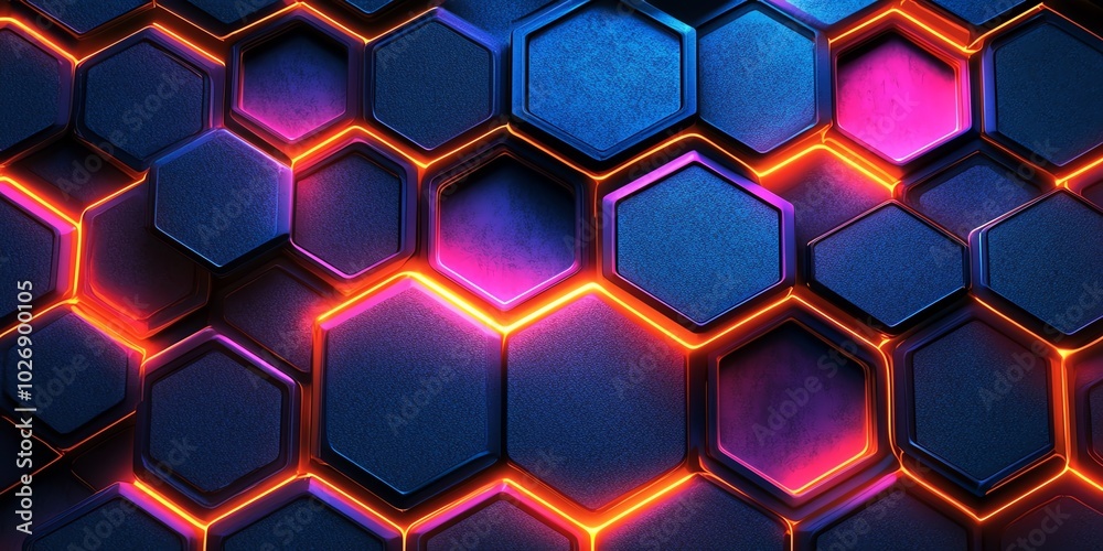 Poster Abstract hexagonal pattern with glowing neon lines.