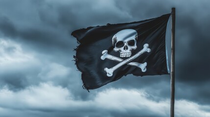 Fototapeta premium Pirate Flag with Skull and Bones Waving in the Wind Against a Cloudy Sky