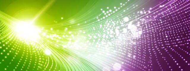 Obraz premium Abstract green and purple background with glowing lines and dots.