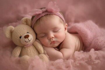 A newborn baby girl peacefully sleeps next to her teddy bear in a cozy pink setting, wrapped in soft fabric