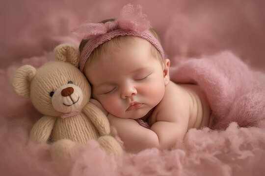 A newborn baby girl peacefully sleeps next to her teddy bear in a cozy pink setting, wrapped in soft fabric - Powered by Adobe