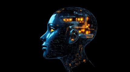 Side view of a humanoid head with striking blue and yellow eyes showcasing a futuristic design with intricate circuits.