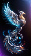 Surreal Phoenix Illustration with Glowing Blue Fire and Binary Code – Futuristic, Three-Dimensional Fantasy Art with Feathers and Neon Elements on a Dark Background