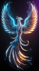 Surreal Phoenix Illustration with Glowing Blue Fire and Binary Code – Futuristic, Three-Dimensional Fantasy Art with Feathers and Neon Elements on a Dark Background