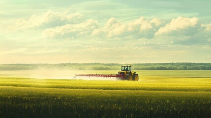 Fototapeta premium Tractor Spraying Pesticides in a Vibrant Soybean Field During Springtime