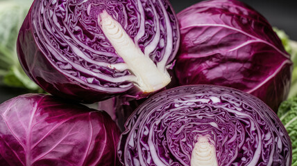 Obraz premium A close up of a purple cabbage with the stem removed. The cabbage is cut in half and has a white center