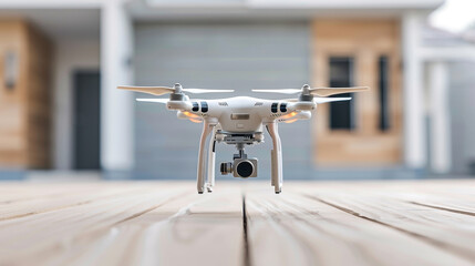 drone with camera is positioned on wooden surface, showcasing its sleek design and advanced technology. This highlights innovation in aerial photography and delivery systems