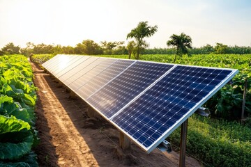 Solar panels installed on a modern farm field showcasing sustainable agriculture and renewable energy innovations. Clean energy concept