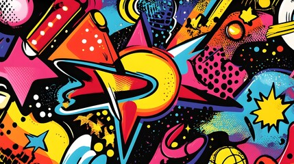 Obraz premium Vibrant Retro Pop Art Psychedelic Doodle with Abstract Geometric Shapes and Patterns