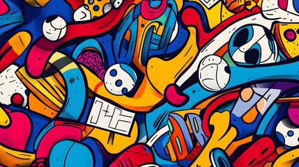 Vibrant Comic-Style Doodle Art with Retro 80s Psychedelic Patterns and Textures