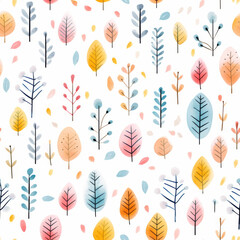 A whimsical pattern of small abstract trees in soft pastel colors, ideal for kids' room decor,...