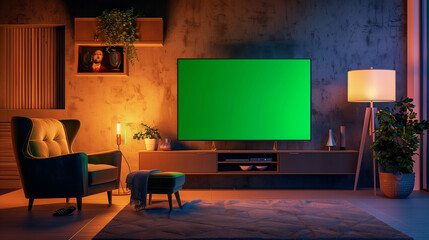 Modern living room with illuminated TV and cozy decor in evening light