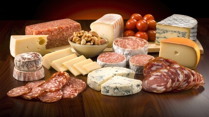 A Gourmet Selection of Cheeses, Salamis, and Nuts on a Wooden Table