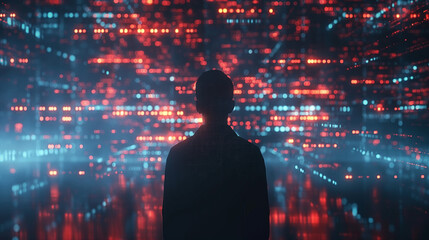 A complex web of code, firewalls, and warning symbols with a hacker silhouette and data breach alerts, highlighting cybersecurity threats and vulnerabilities in protecting digital systems.