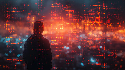 A complex web of code, firewalls, and warning symbols with a hacker silhouette and data breach alerts, highlighting cybersecurity threats and vulnerabilities in protecting digital systems.