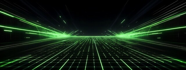 Fototapeta premium Abstract green grid and glowing lines background.