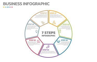 Visual data presentation. Cycle diagram with 7 options. Pie Chart Circle thin line infographic template with 7 steps, options, parts, segments. Business concept. Marketing infographic outline style.