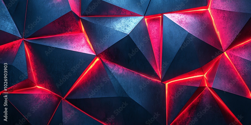 Poster abstract polygonal background with red neon light.