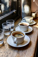 Three Cups of Coffee by a Window. Three cups of freshly brewed coffee sit on a rustic wooden table next to clear glasses of water, positioned near a sunlit window. 
