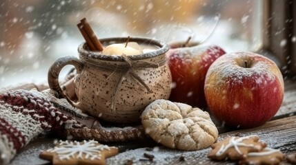 Fototapeta premium Warm Apple Cider with Cinnamon Sticks in Cozy Setting