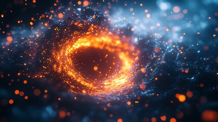 Abstract swirling fiery ring of light with a blue nebula background.