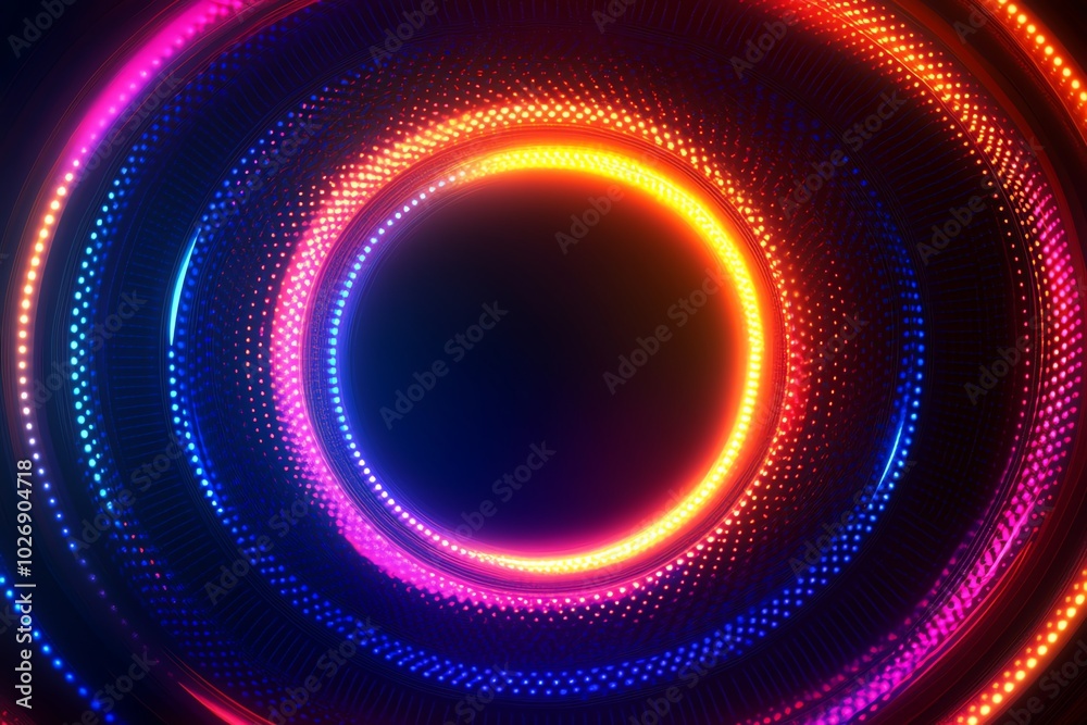 Poster Abstract glowing neon circular background with concentric rings of light.