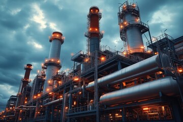 Modern Industrial Refinery Illuminated at Dusk with Bright Lights